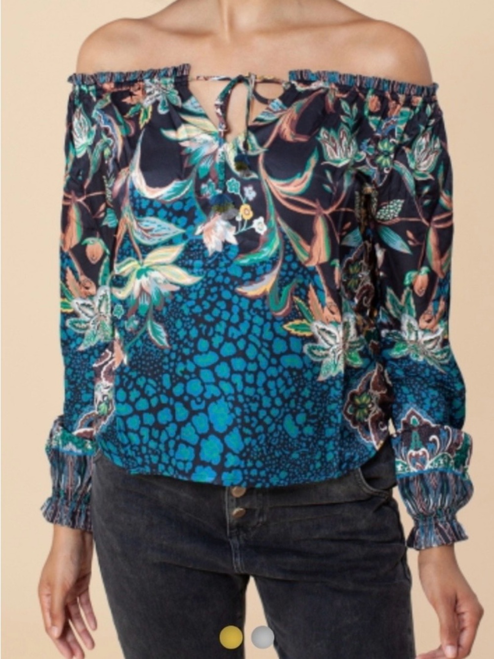 Hale Bob Off the Shoulder Silk Blend Floral Tassel Boho Blouse | Size Medium
